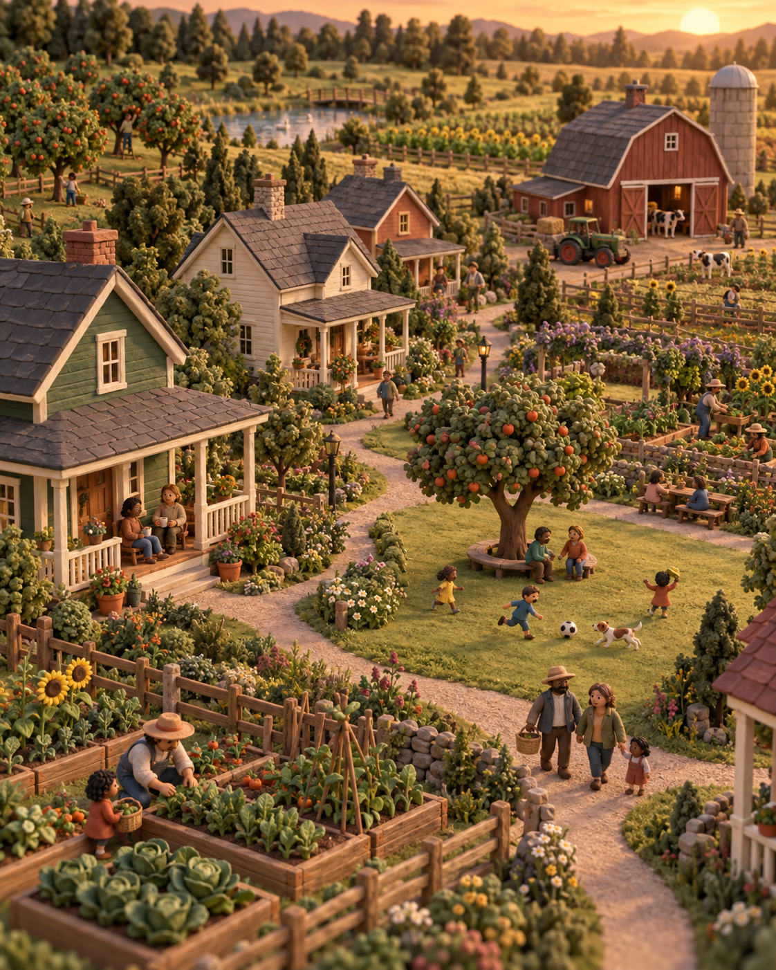 Claymation farm community with homes around a shared green, walking paths, gardens, and working fields