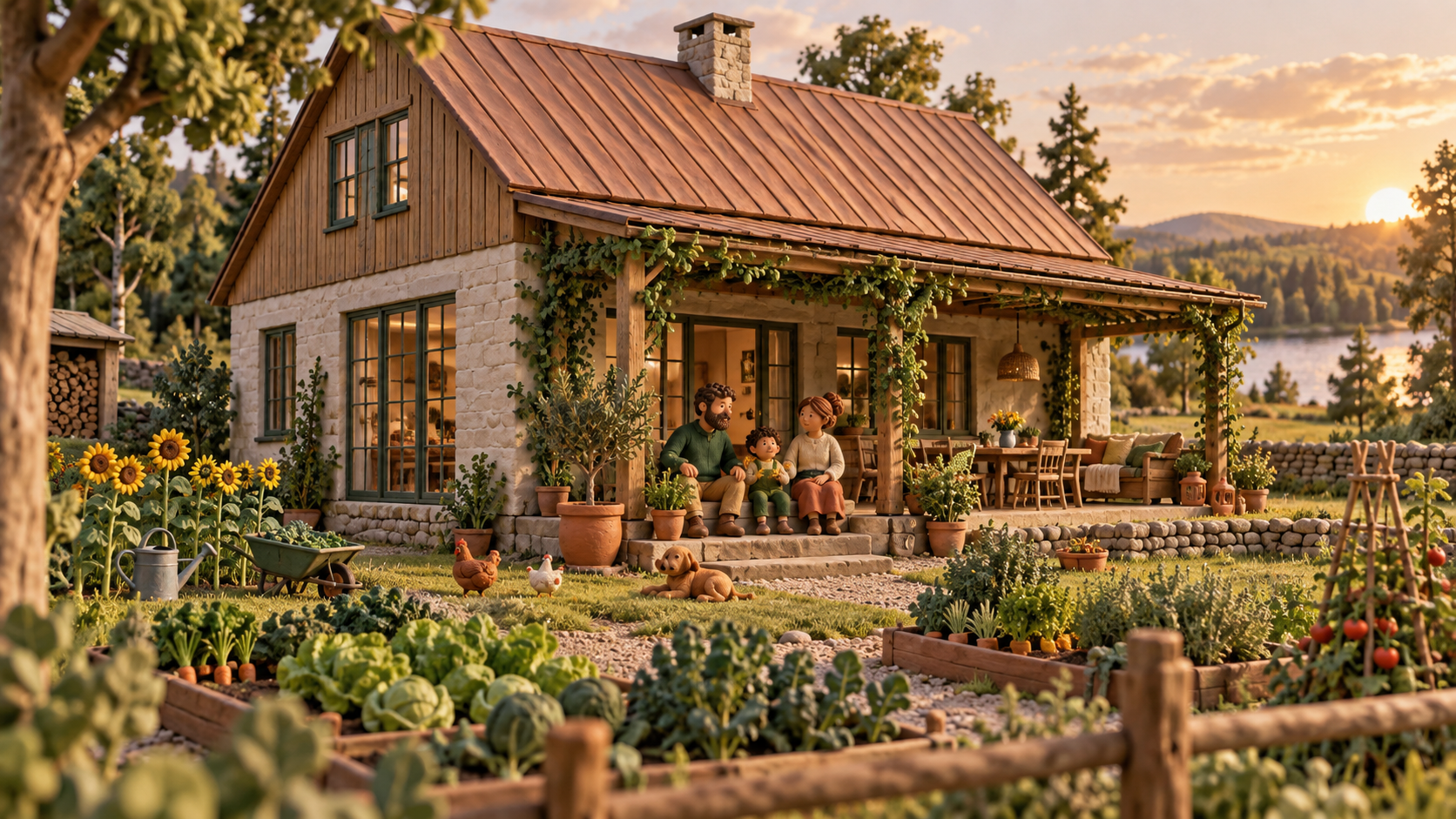 Claymation timber and stone home with a shaded porch and garden