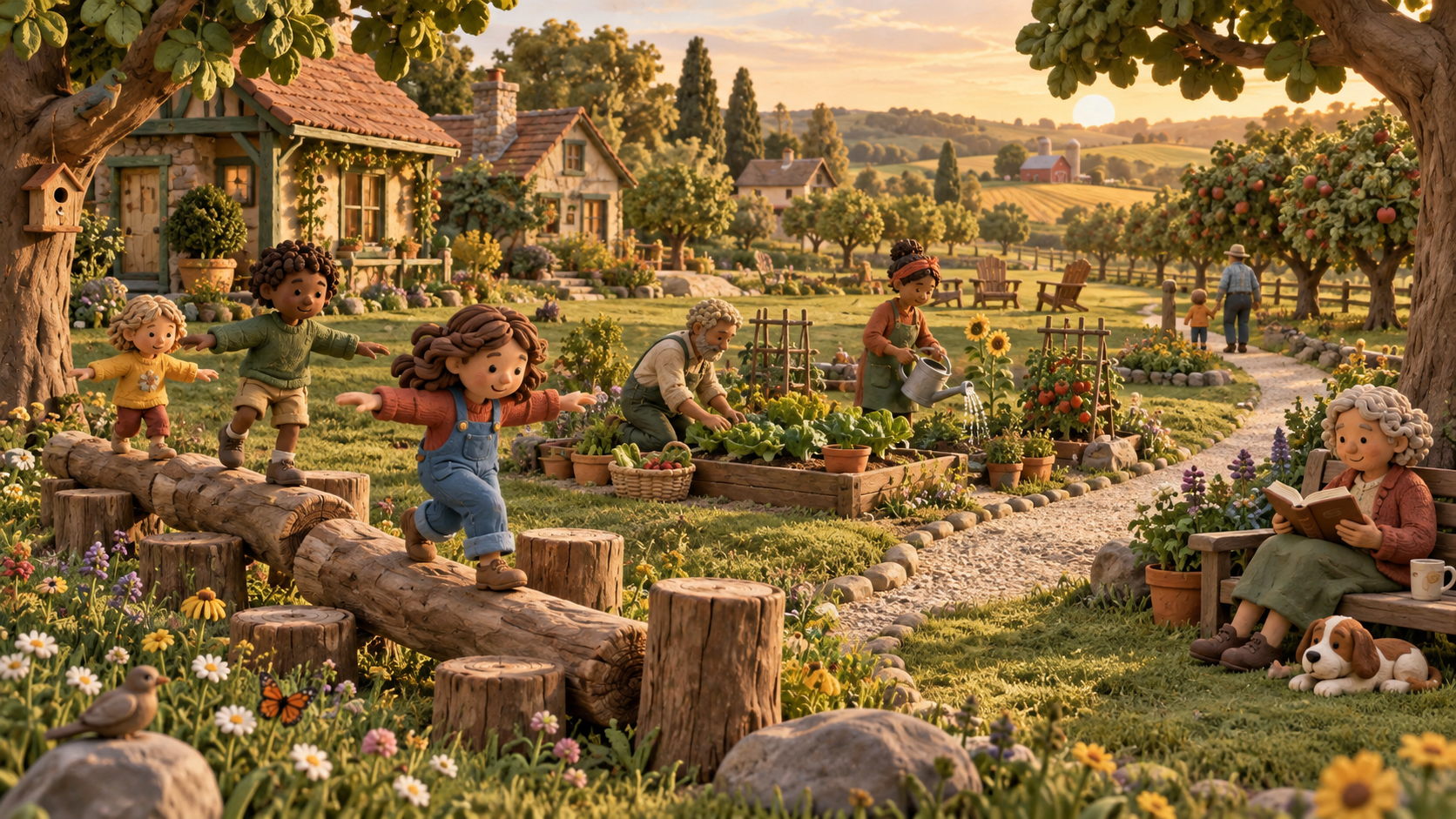 Claymation outdoor living spaces with gardens, natural play areas, and places for neighbors to gather