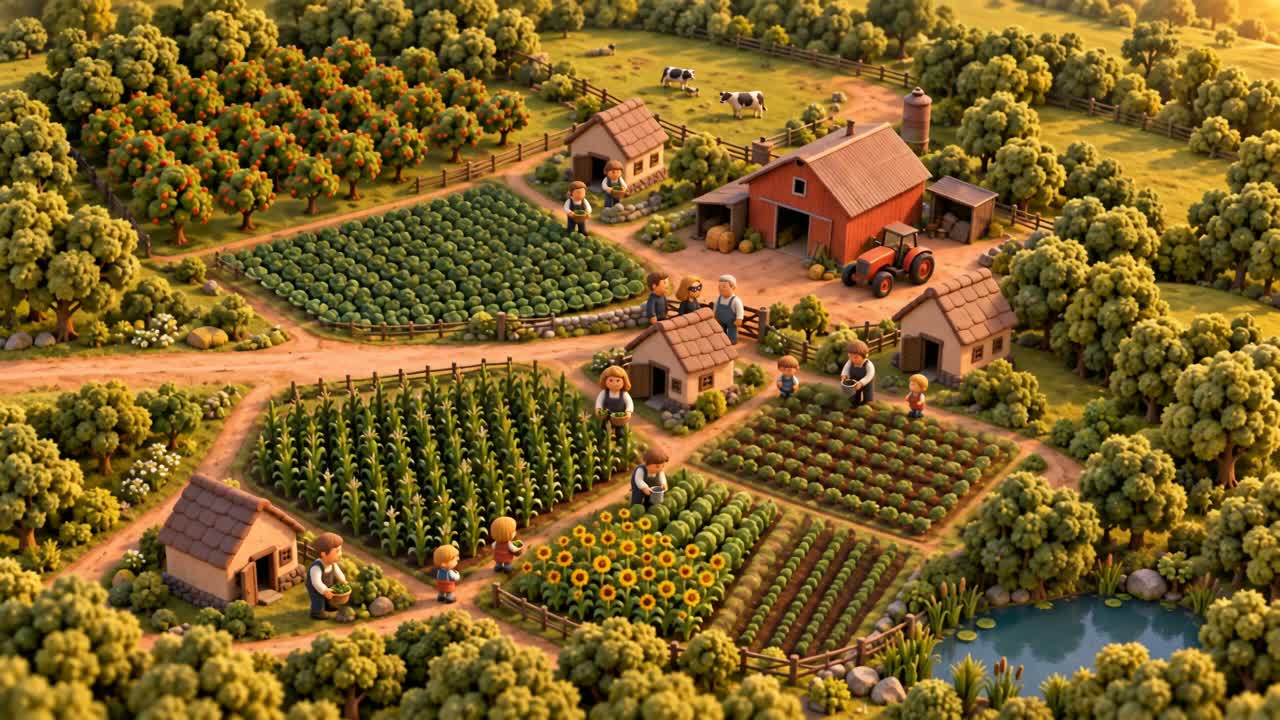 Claymation vision of a working farm community with homes, gardens, and shared farmland.