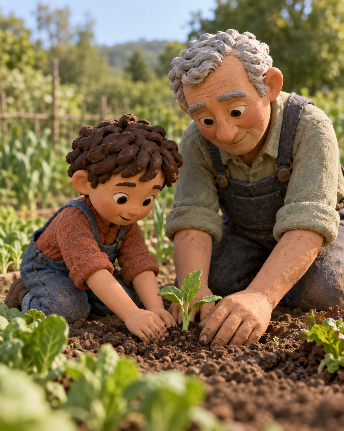 Claymation-style illustration of a grandfather teaching a young child to plant a seedling in a vegetable bed