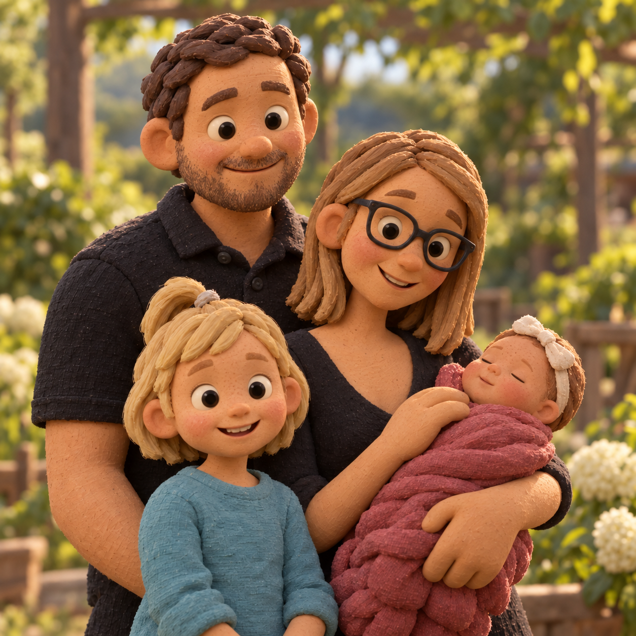 Claymation portrait of Ben and Mary Pelo with their children, Piper and Payton.